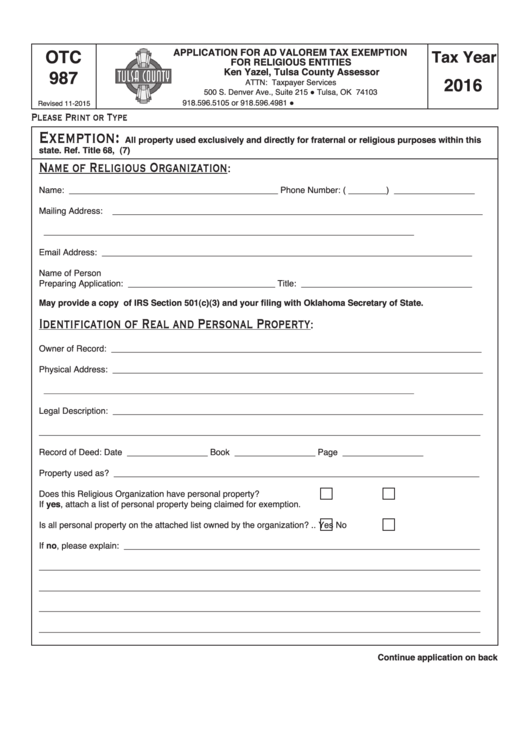 Fillable Form Otc 987 - Application For Ad Valorem Tax Exemption For Religious Entities - Tulsa County - 2016 Printable pdf