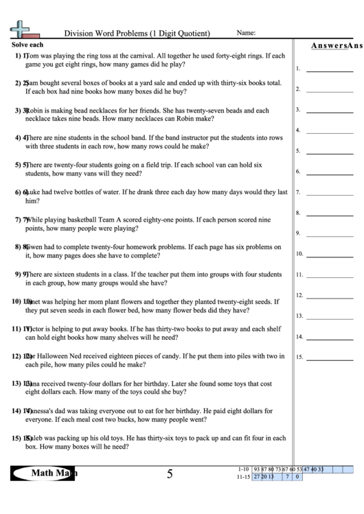 Division With Remainder (1 Digit Quotient) Math Worksheet With Answer