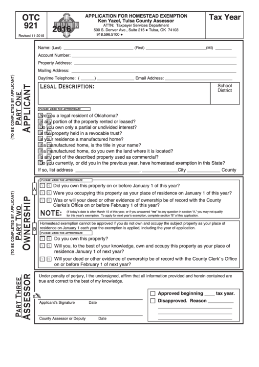 Fillable Form Otc 921 - Application For Homestead Exemption - Tulsa County - 2016 Printable pdf