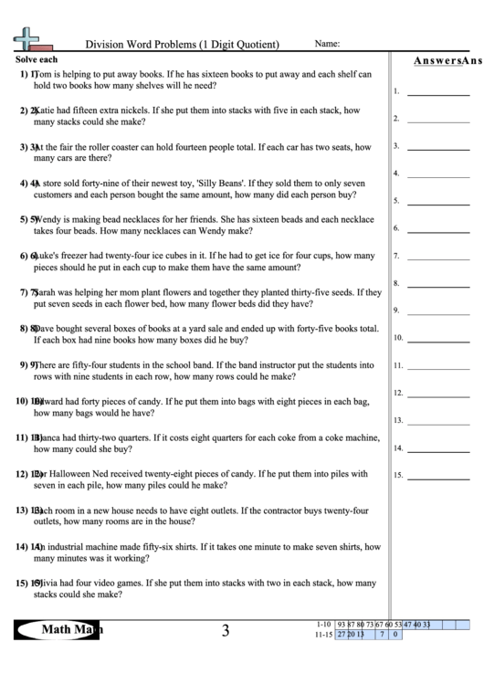 division with remainder 1 digit quotient math worksheet with answer