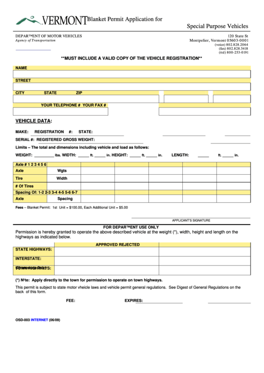 Fillable Form Osd003 Blanket Permit For Special Purpose Vehicles