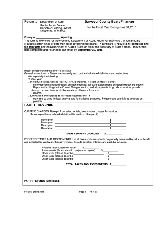 Form Pf-1-02 - Survey Of County Board Finances - Department Of Audit Printable pdf