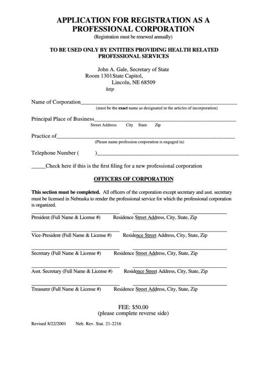 Fillable Application For Registration As A Professional Corporation - 2001 Printable pdf