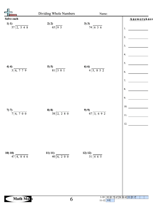 Dividing Whole Numbers Math Worksheet With Answer Key Printable pdf