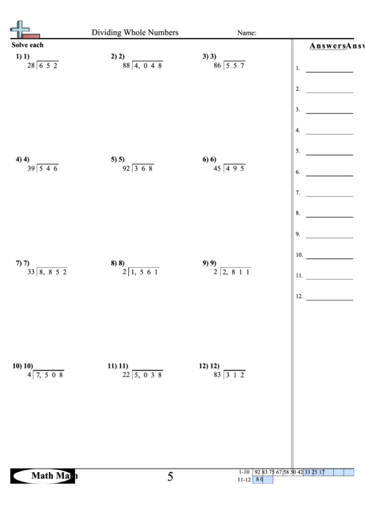 dividing whole numbers math worksheet with answer key