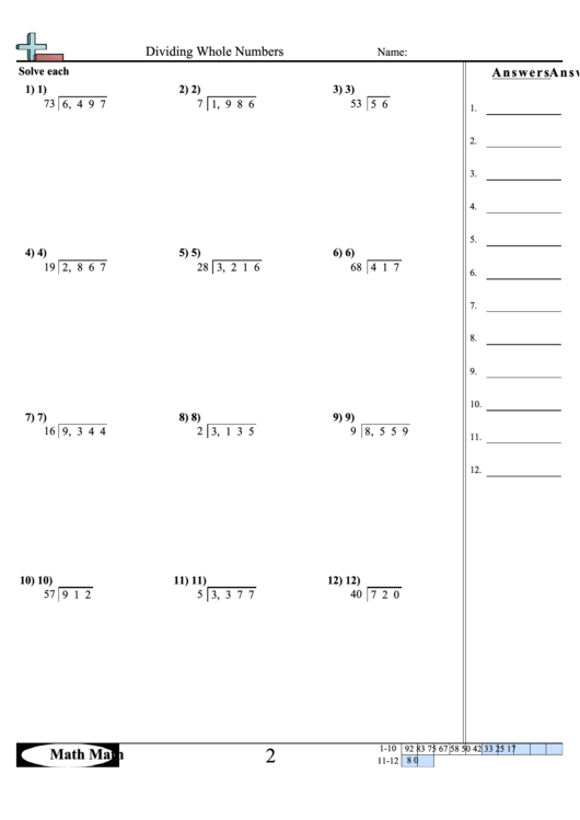 Dividing Whole Numbers Math Worksheet With Answer Key Printable pdf