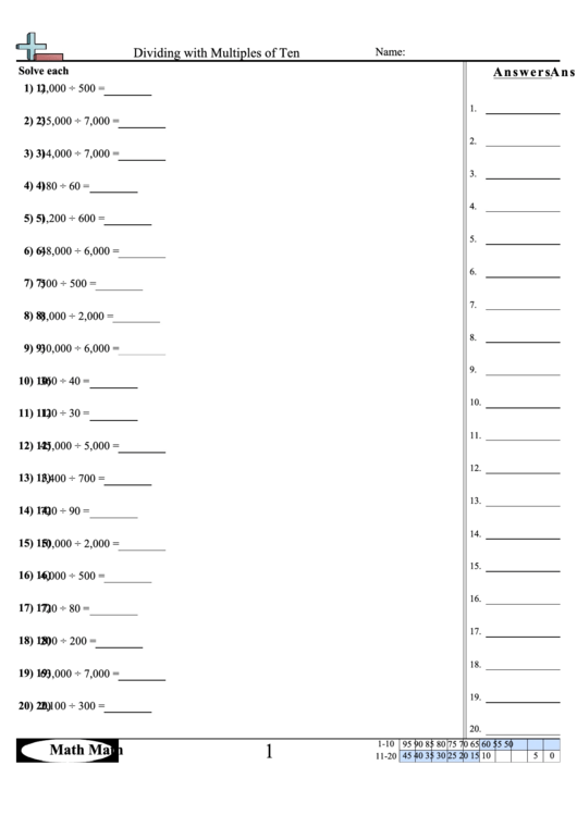 Dividing With Multiples Of Ten Worksheet With Answer Key Printable pdf