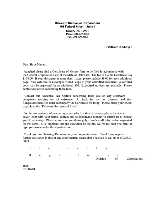 State Of Delaware Certificate Of Merger Of Domestic Corporation And Foreign Limited Partnership Form Printable pdf