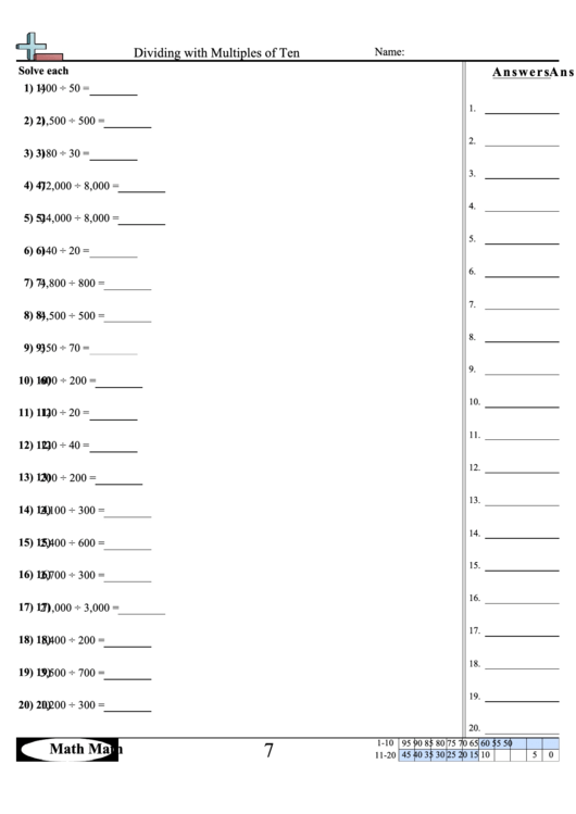 Dividing With Multiples Of Ten Math Worksheet With Answer Key Printable pdf