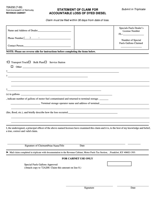 Form 72a232 - Statement Of Claim For Accountable Loss Of Dyed Diesel - Kentucky Revenue Cabinet Printable pdf