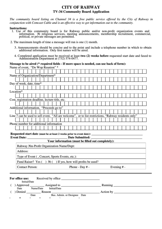 Form Tv-34 - Community Board Application - City Of Rahway, New Jersey Printable pdf