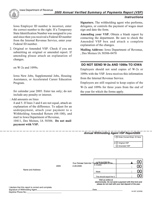 Form 44-007 - Annual Verified Summary Of Payments Report (Vsp) - 2005 Printable pdf