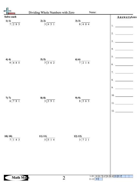 Dividing Whole Numbers With Zero Math Worksheet With Answer Key Printable pdf