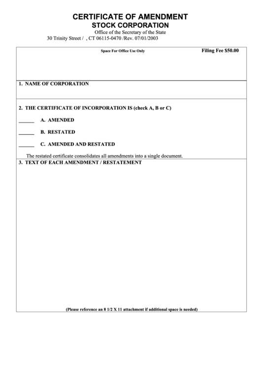 Certificate Of Amendment Stock Corporation Form - Secretary Of State - 2003 Printable pdf