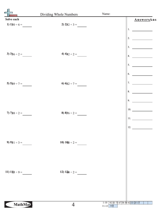 Dividing Whole Numbers Math Worksheet printable pdf download