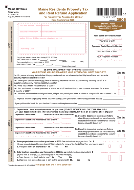 Maine Residents Property Tax And Rent Refund Application - 2006 Printable pdf