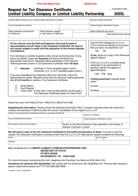 Fillable California Form 3555l - Request For Tax Clearance Certificate - 2004 Printable pdf