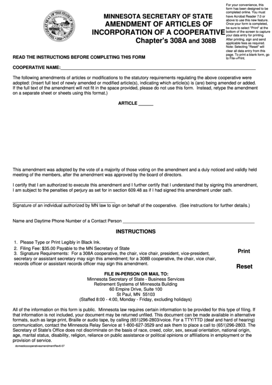 Fillable Amendment Of Articles Of Incorporation Of A Cooperative Form - Minnesota Secretary Of State Printable pdf