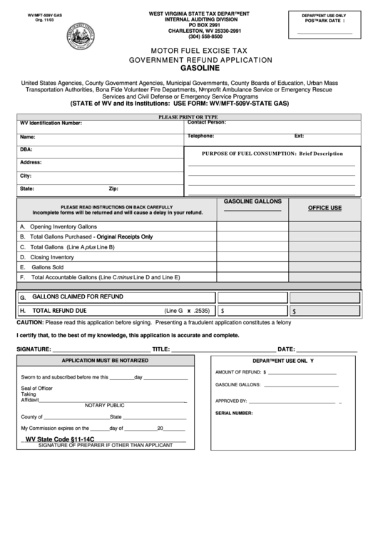 Form Wv/mft-509v Gas - Motor Fuel Excise Tax Government Refund Application - 2003 Printable pdf