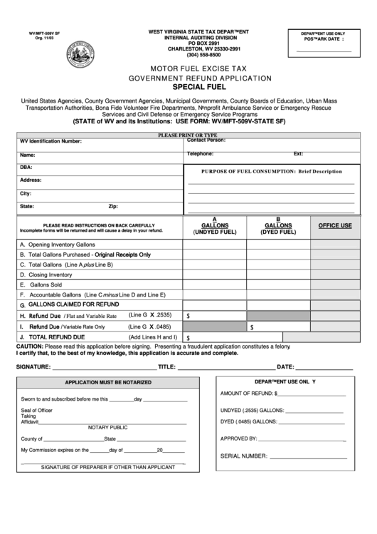 Form Wv/mft-509v Sf - Motor Fuel Excise Tax Government Refund Application - West Virginia State Tax Department - 2003 Printable pdf