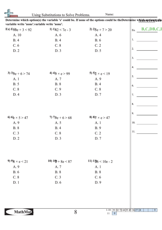 Using Substitutions To Solve Problems Worksheet Printable pdf