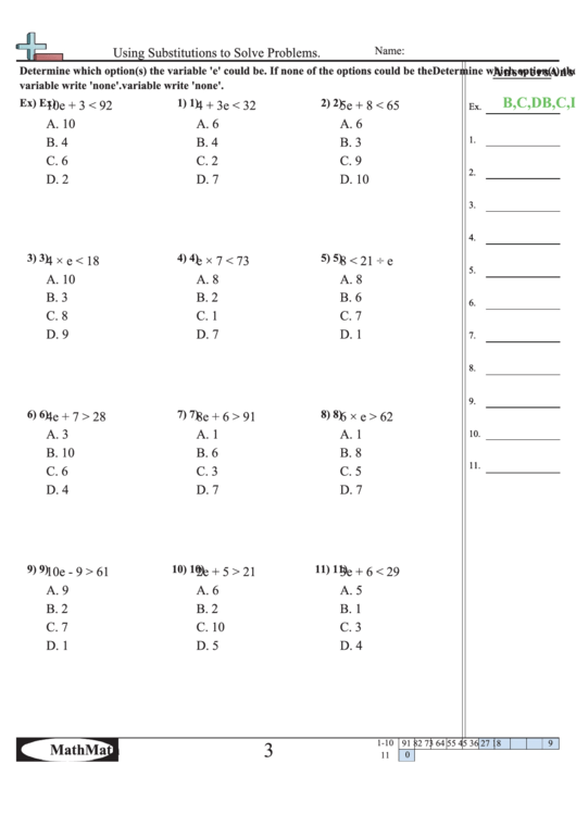Using Substitutions To Solve Problems Worksheet printable pdf download