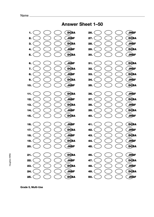Answer Sheet Template 1-50 Printable pdf