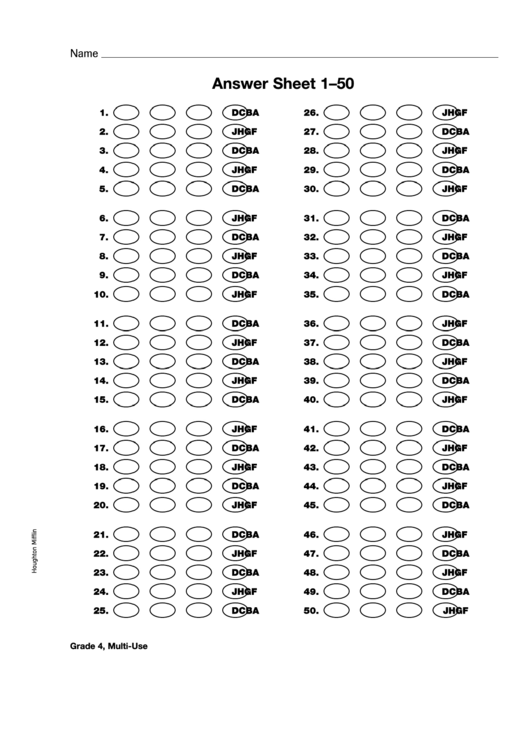 Answer Sheet Template 1-50 Printable pdf