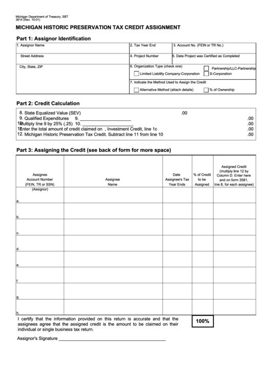 Fillable Form 3614 - Michigan Historic Preservation Tax Credit Assignment - 2001 Printable pdf