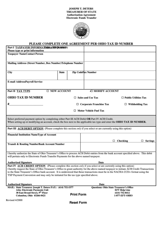 Fillable Agreement Per Ohio Tax Id Number Form Printable pdf
