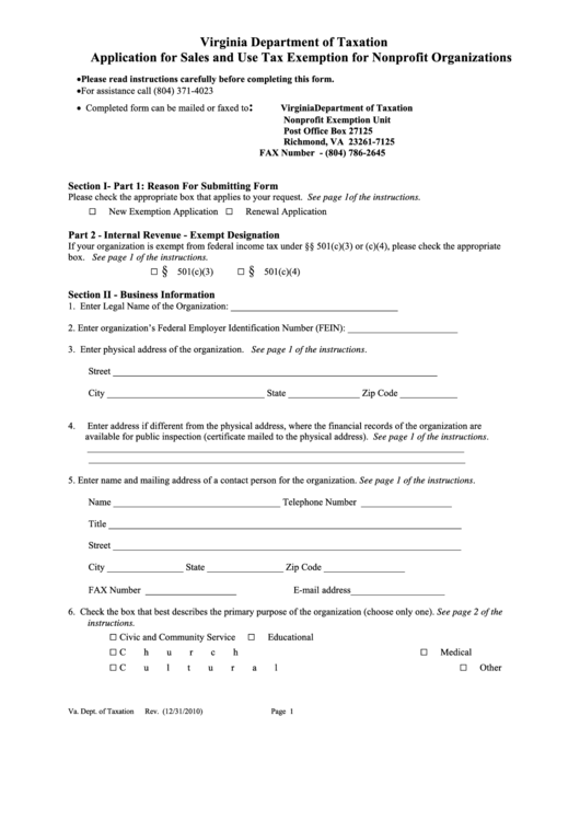 Application Form For Sales And Use Tax Exemption For Nonprofit Organizations Form - Virginia Department Of Taxation (2010) Printable pdf