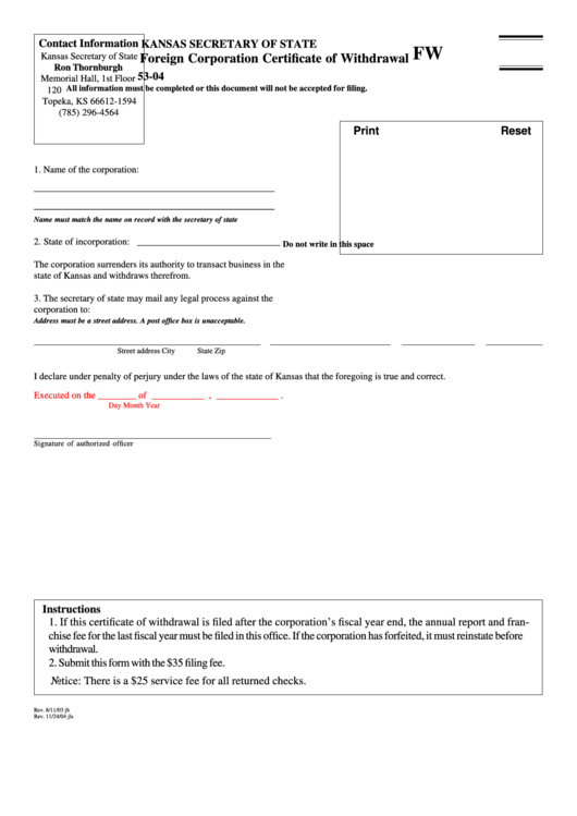 Fillable Form Fw 53-04 - Foreign Corporation Certificate Of Withdrawal - Kansas Secretary Of State Printable pdf