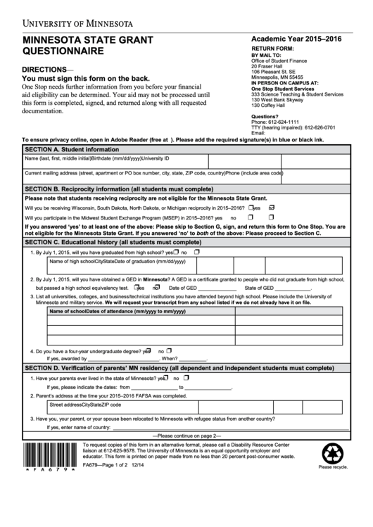 Minnesota State Grant Questionnaire Template