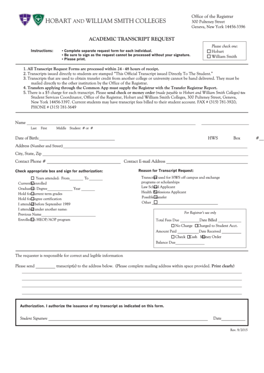 Academic Transcript Request Form - Hobart And William Smith Colleges Printable pdf