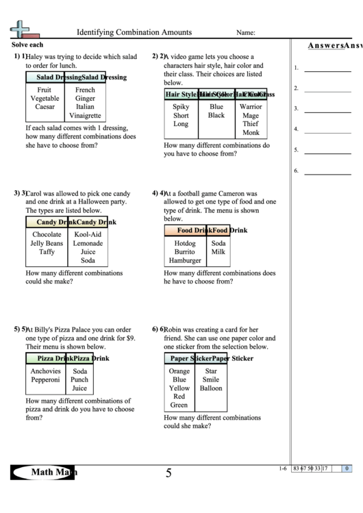 Identifying Combination Amounts Worksheet Printable pdf