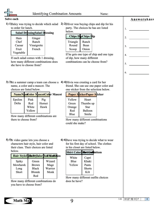 Identifying Combination Amounts Worksheet printable pdf download