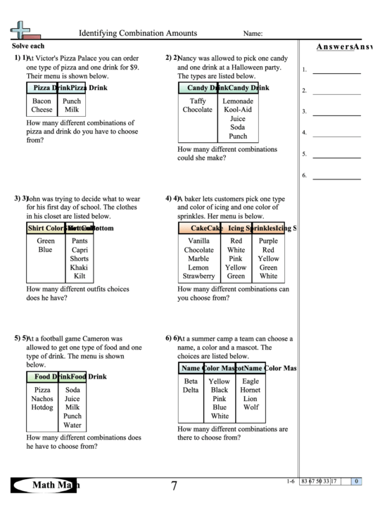 Identifying Combination Amounts Worksheet Printable pdf