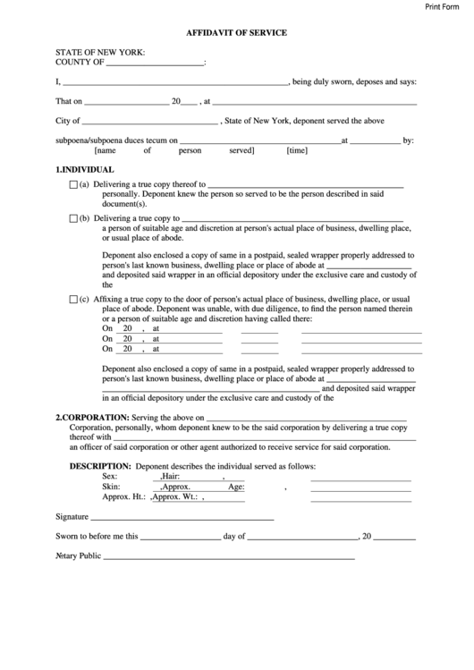 Fillable Affidavit Of Service Form - State Of New York Printable pdf