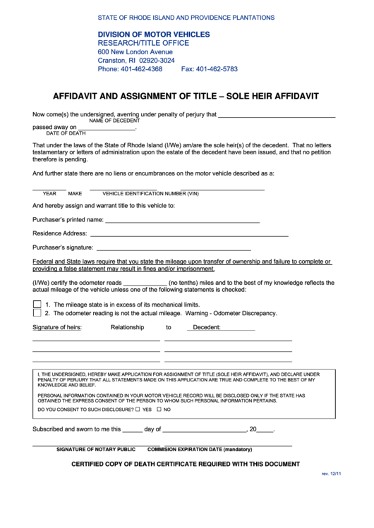 Fillable Affidavit And Assignment Of Title - Sole Heir Affidavit Form - Division Of Motor Vehicles - State Of Rhode Island Printable pdf