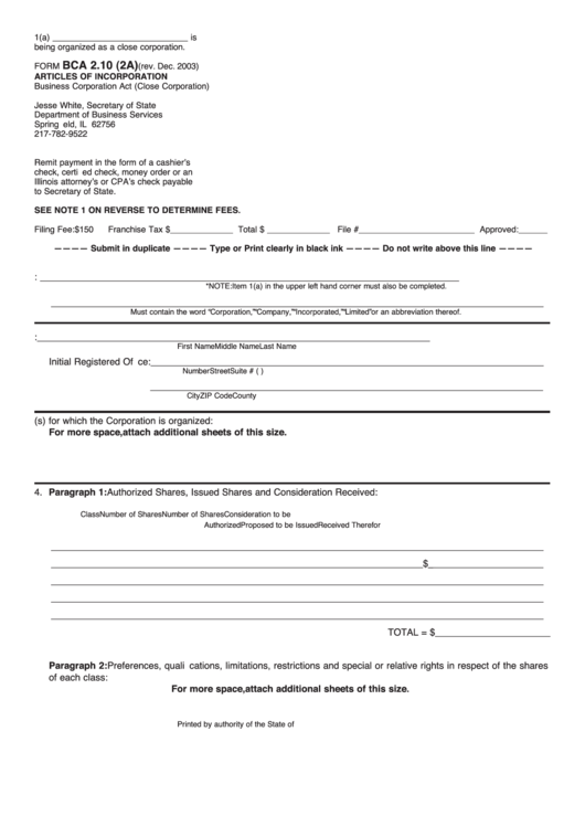 Fillable Form Bca 2.10 (2a) - Articles Of Incorporation - Secretary Of State - Department Of Business Services Printable pdf