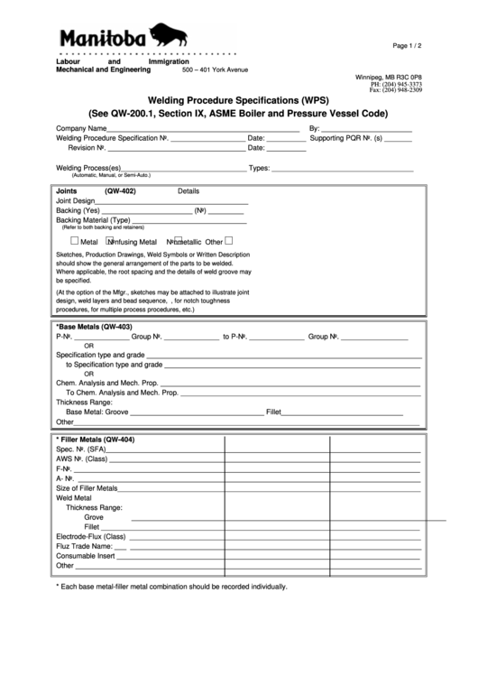Welding Procedure Specifications (Wps) Form Printable pdf