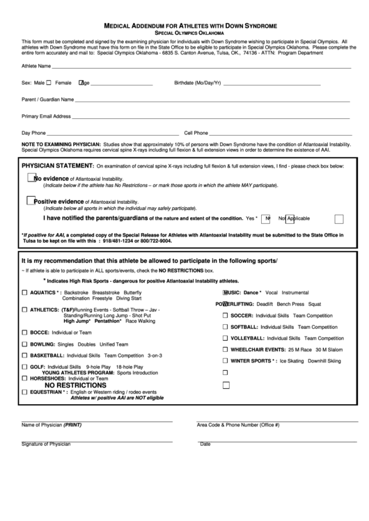 Fillable Medical Addendum For Down Syndrome Form - Special Olympics Oklahoma Printable pdf