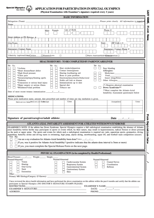 Application For Participation In Special Olympics Form printable pdf