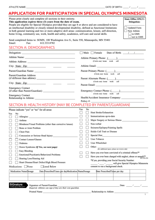 Fillable Application For Participation In Special Olympics Minnesota
