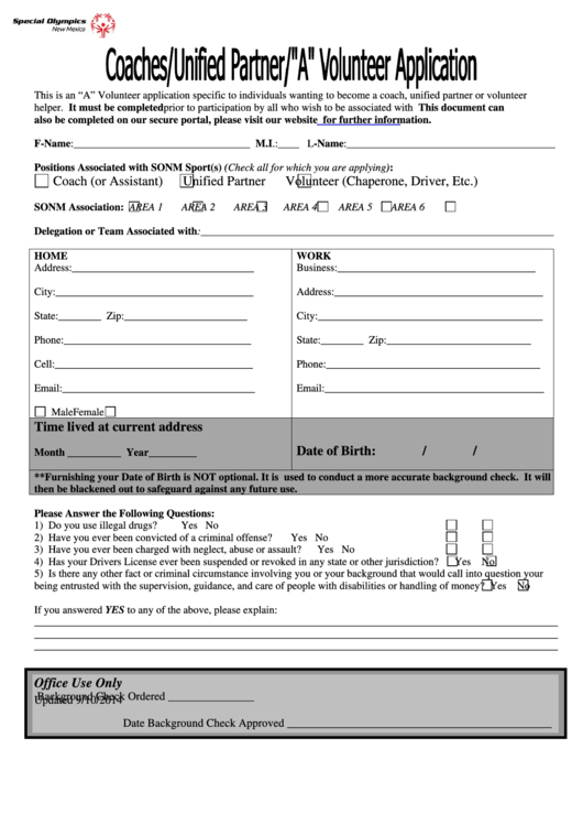 Coach / Unified Partner / A Volunteer Application Printable pdf
