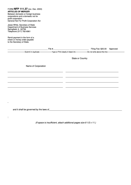 Fillable Form Nfp 111.37 - Articles Of Merger - 2003 Printable pdf