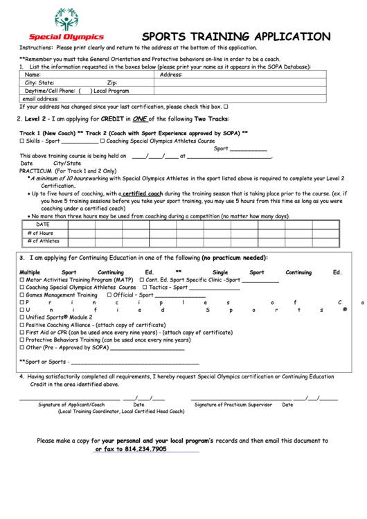 Sports Training Application Form - Special Olympics Printable pdf