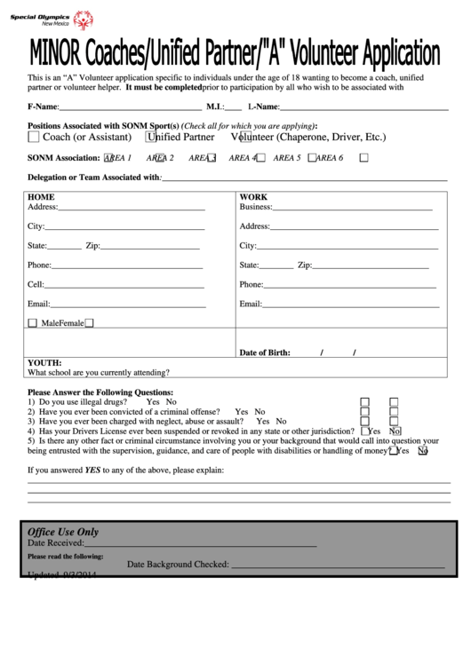 Minor Coaches/unified Partner/ A Volunteer Application Printable pdf