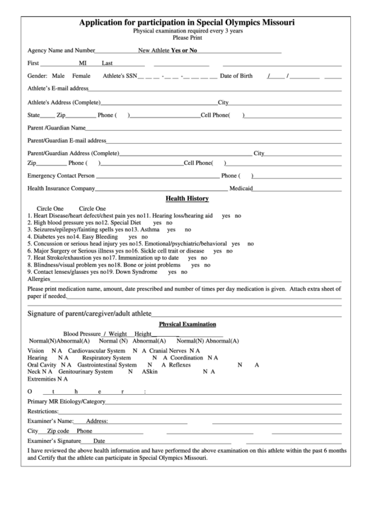 Application For Participation In Special Olympics Missouri Form Printable pdf