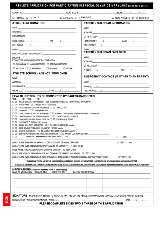 Fillable Athlete Application For Participation In Special Olympics